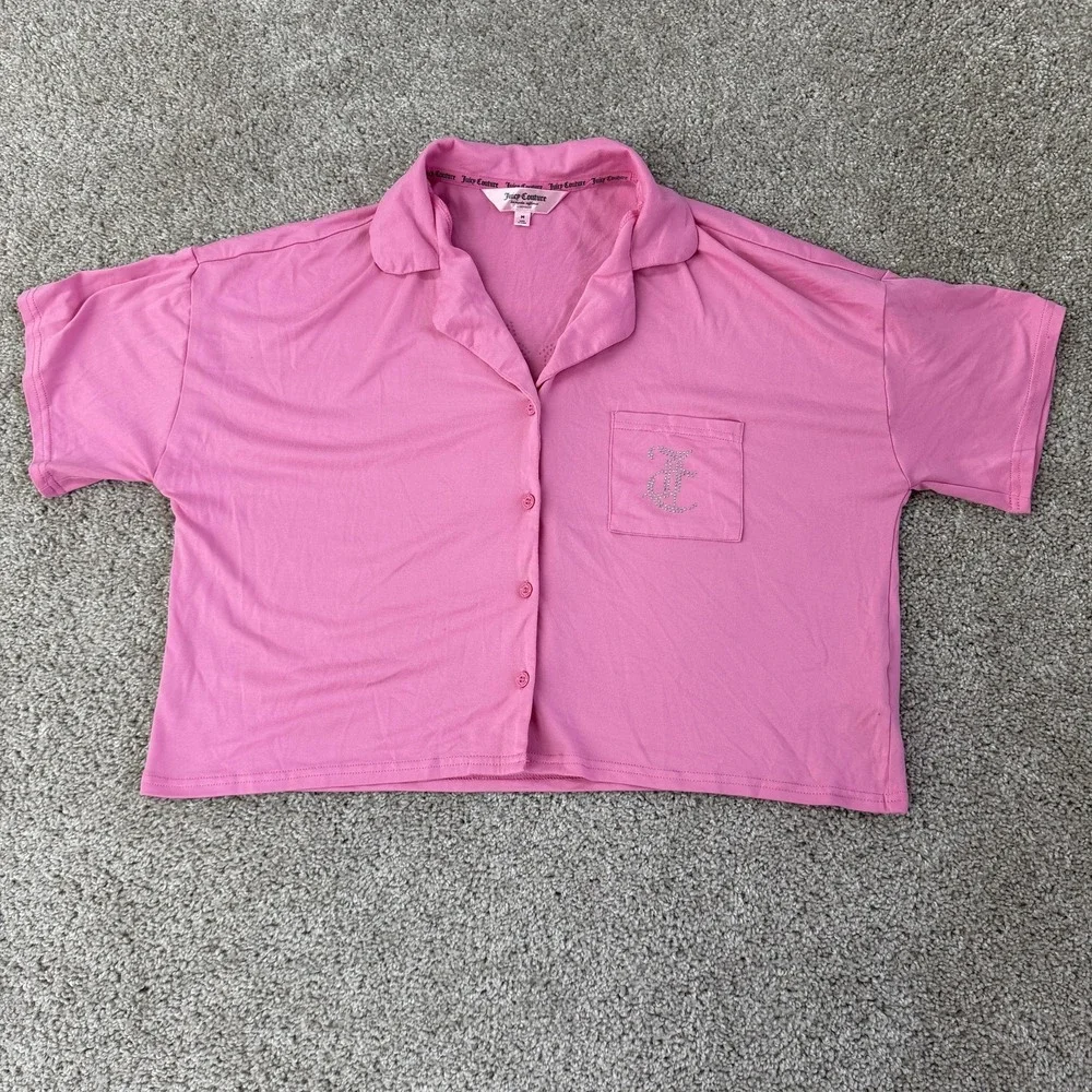 Juicy Couture Pajama Top Womens Medium Pink Jersey Rhinestone Button Sleepwear